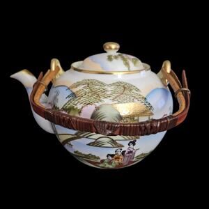 Vintage Japanese Kutani Porcelain Teapot Bamboo Handle Scenic Gold